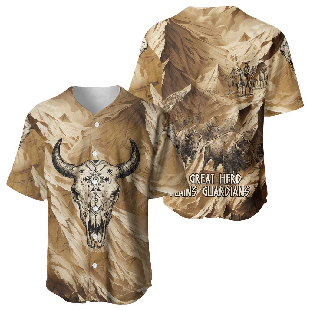 Buffalo Skull Native American Baseball Jersey Tribal Symbols and Mountain Scene Great Herd and Plains Guardians - Wonder Print Shop