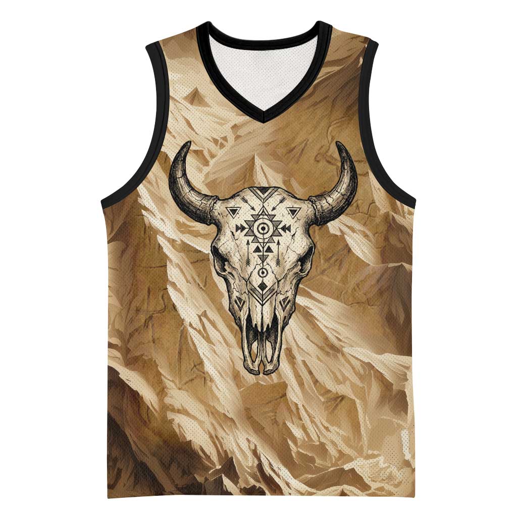 Buffalo Skull Native American Basketball Jersey Tribal Symbols and Mountain Scene Great Herd and Plains Guardians - Wonder Print Shop