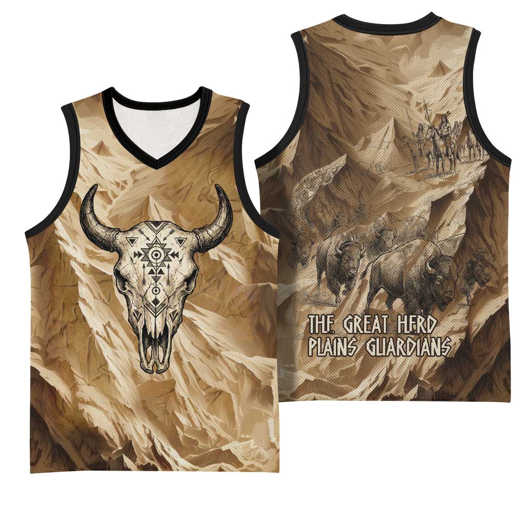 Buffalo Skull Native American Basketball Jersey Tribal Symbols and Mountain Scene Great Herd and Plains Guardians - Wonder Print Shop
