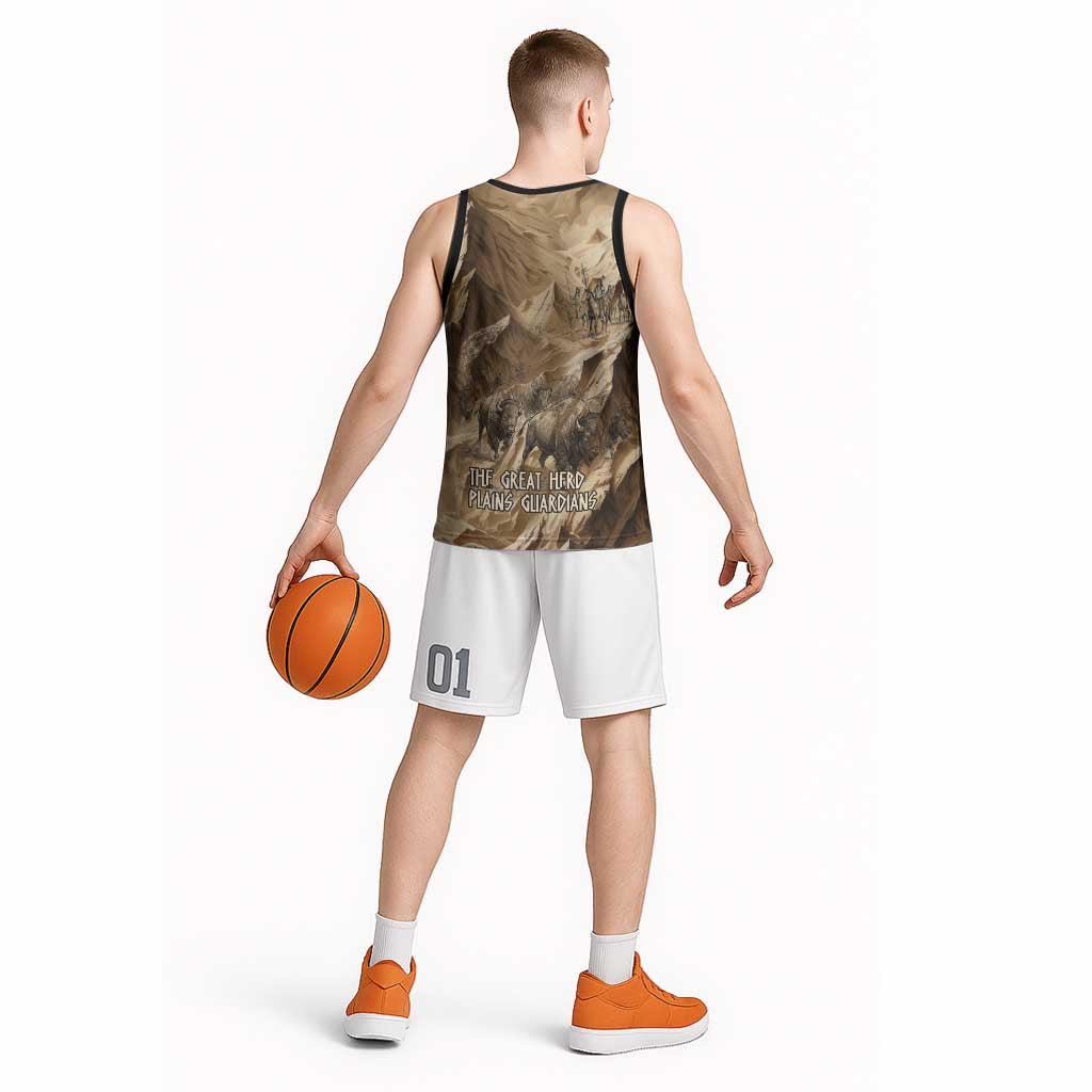 Buffalo Skull Native American Basketball Jersey Tribal Symbols and Mountain Scene Great Herd and Plains Guardians - Wonder Print Shop