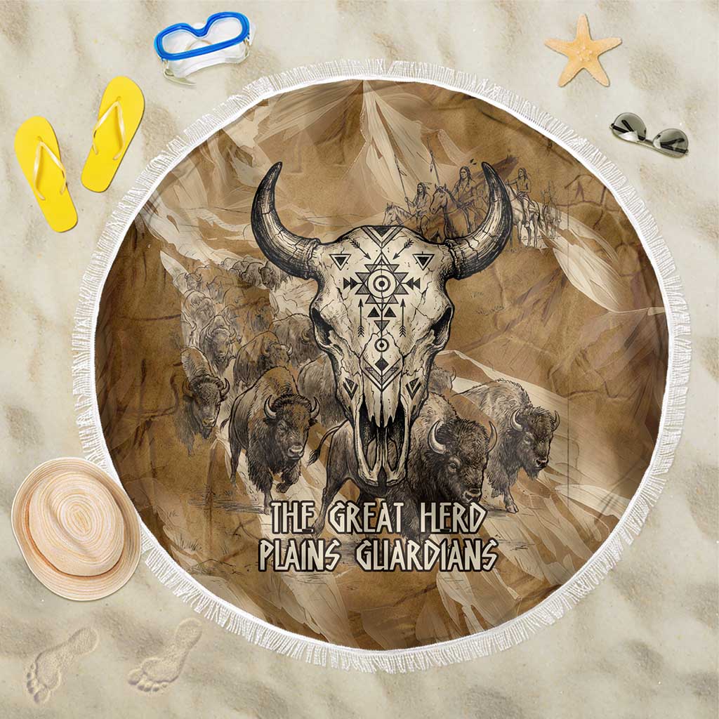 Buffalo Skull Native American Beach Blanket Tribal Symbols and Mountain Scene Great Herd and Plains Guardians - Wonder Print Shop