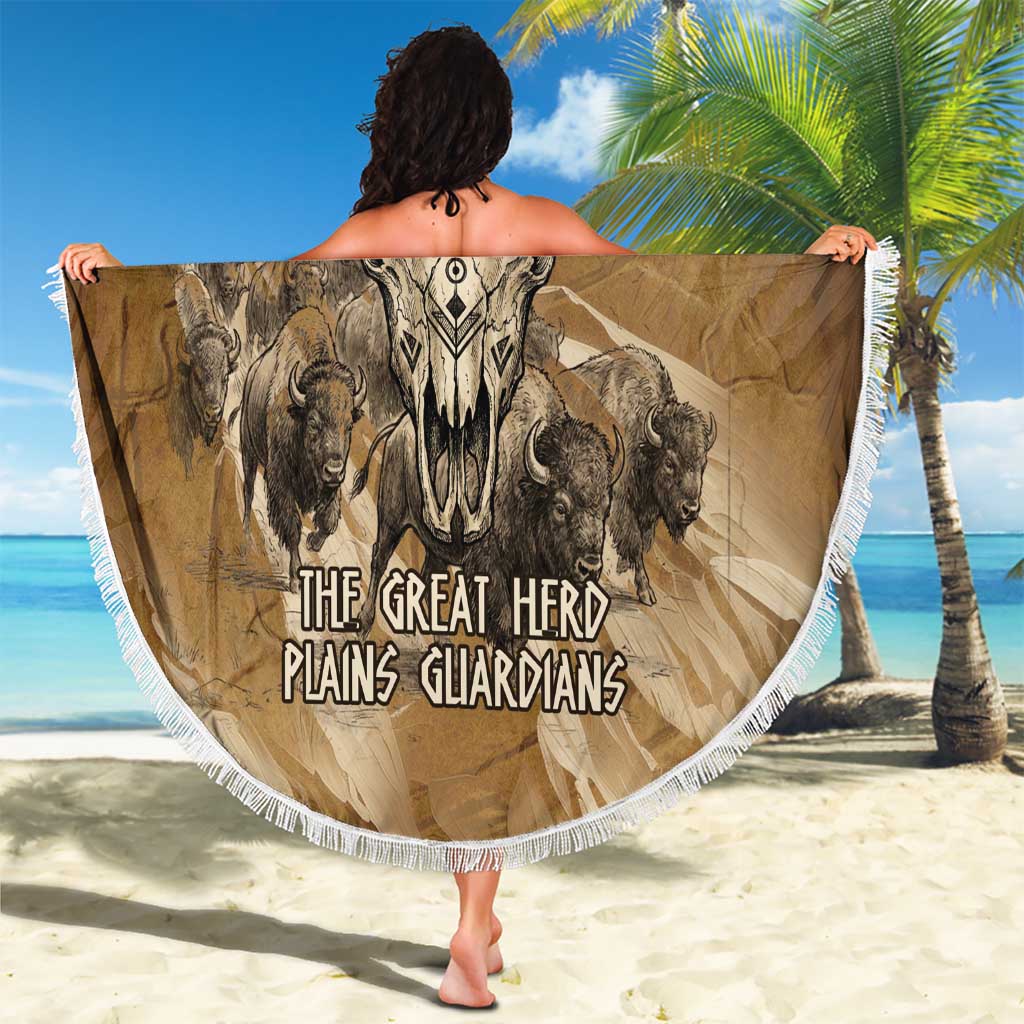 Buffalo Skull Native American Beach Blanket Tribal Symbols and Mountain Scene Great Herd and Plains Guardians - Wonder Print Shop