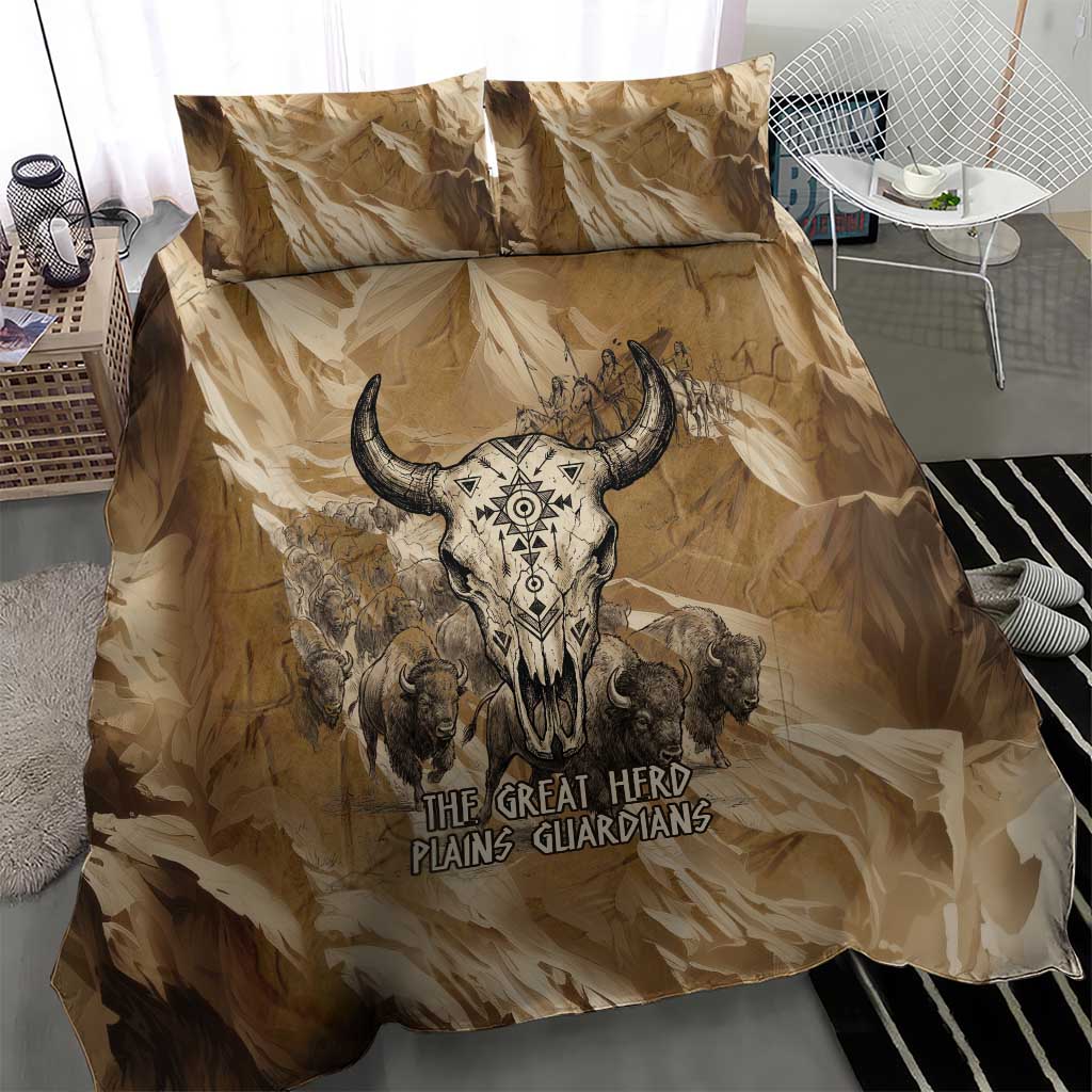 Buffalo Skull Native American Bedding Set Tribal Symbols and Mountain Scene Great Herd and Plains Guardians - Wonder Print Shop