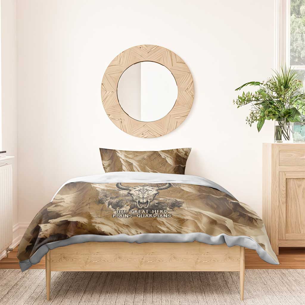 Buffalo Skull Native American Bedding Set Tribal Symbols and Mountain Scene Great Herd and Plains Guardians - Wonder Print Shop