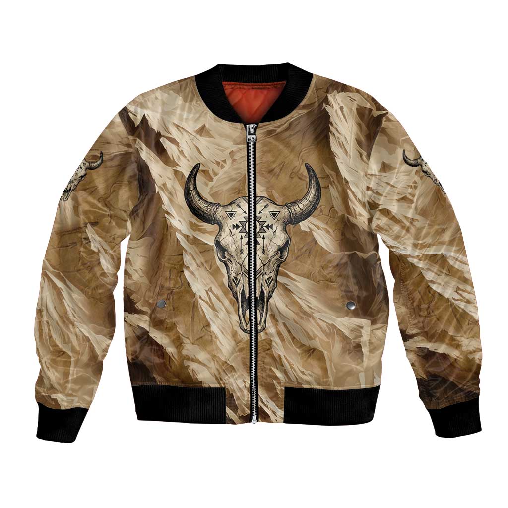 Buffalo Skull Native American Bomber Jacket Tribal Symbols and Mountain Scene Great Herd and Plains Guardians - Wonder Print Shop
