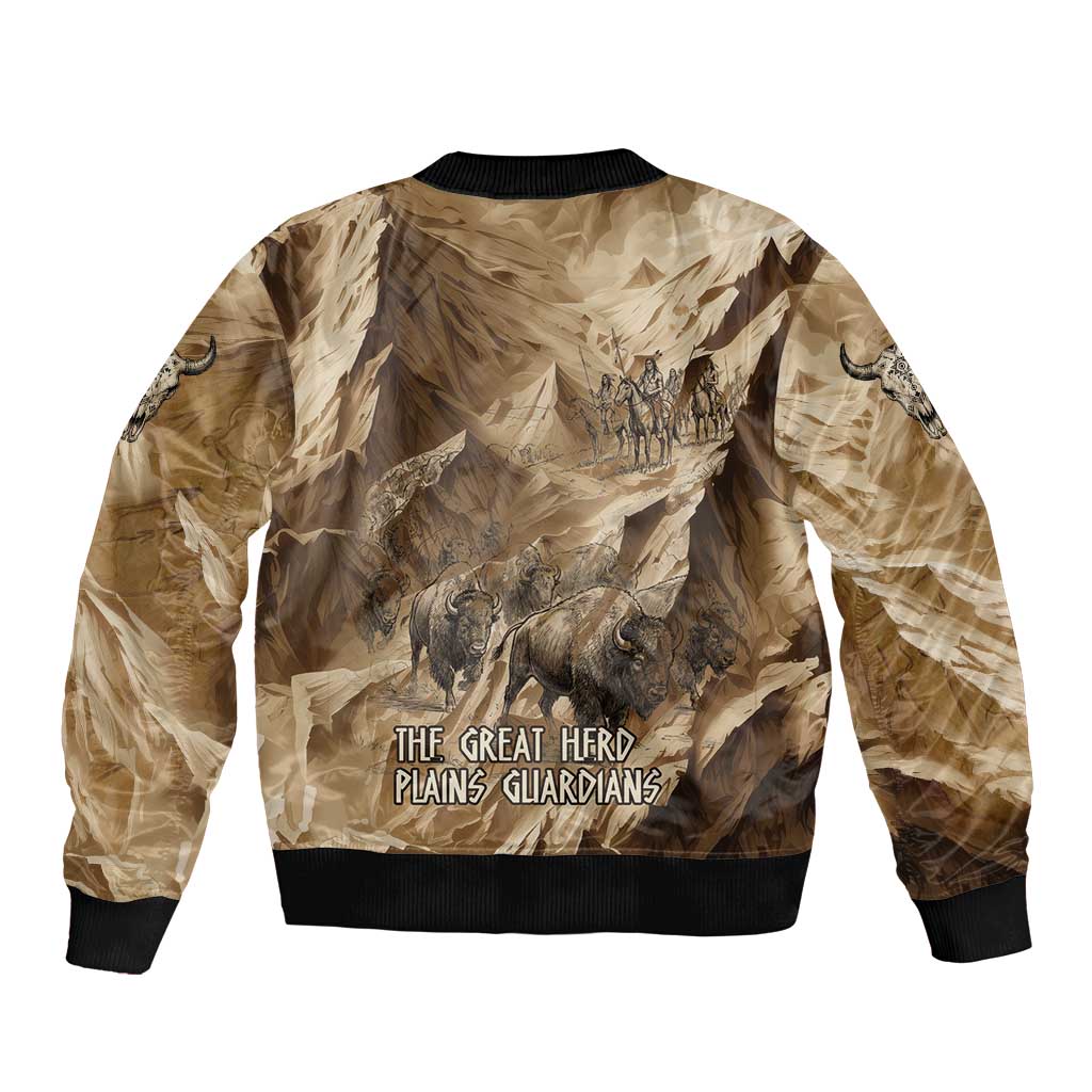 Buffalo Skull Native American Bomber Jacket Tribal Symbols and Mountain Scene Great Herd and Plains Guardians - Wonder Print Shop