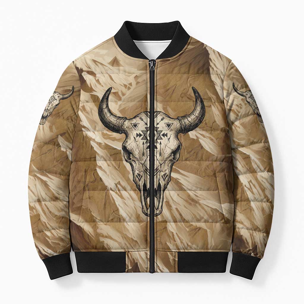 Buffalo Skull Native American Bomber Puffer Jacket Tribal Symbols and Mountain Scene Great Herd and Plains Guardians - Wonder Print Shop