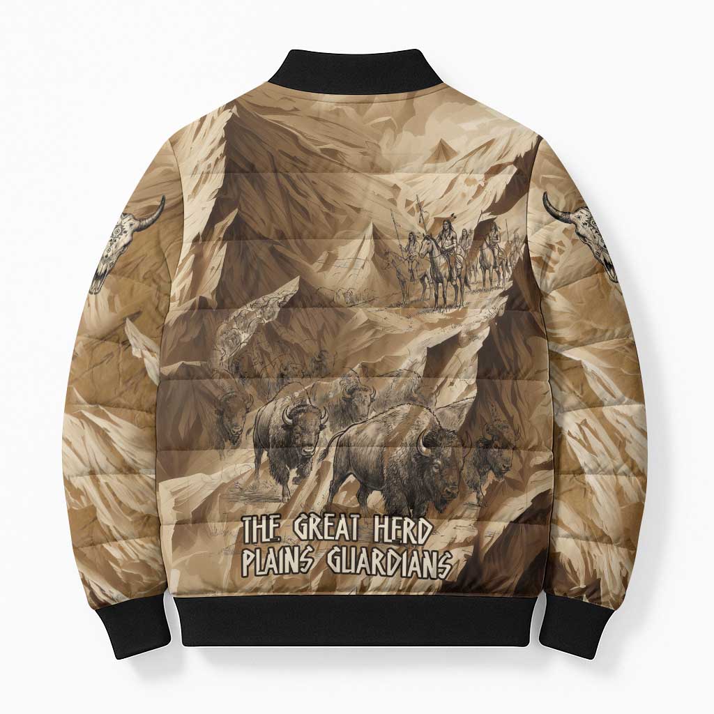 Buffalo Skull Native American Bomber Puffer Jacket Tribal Symbols and Mountain Scene Great Herd and Plains Guardians - Wonder Print Shop