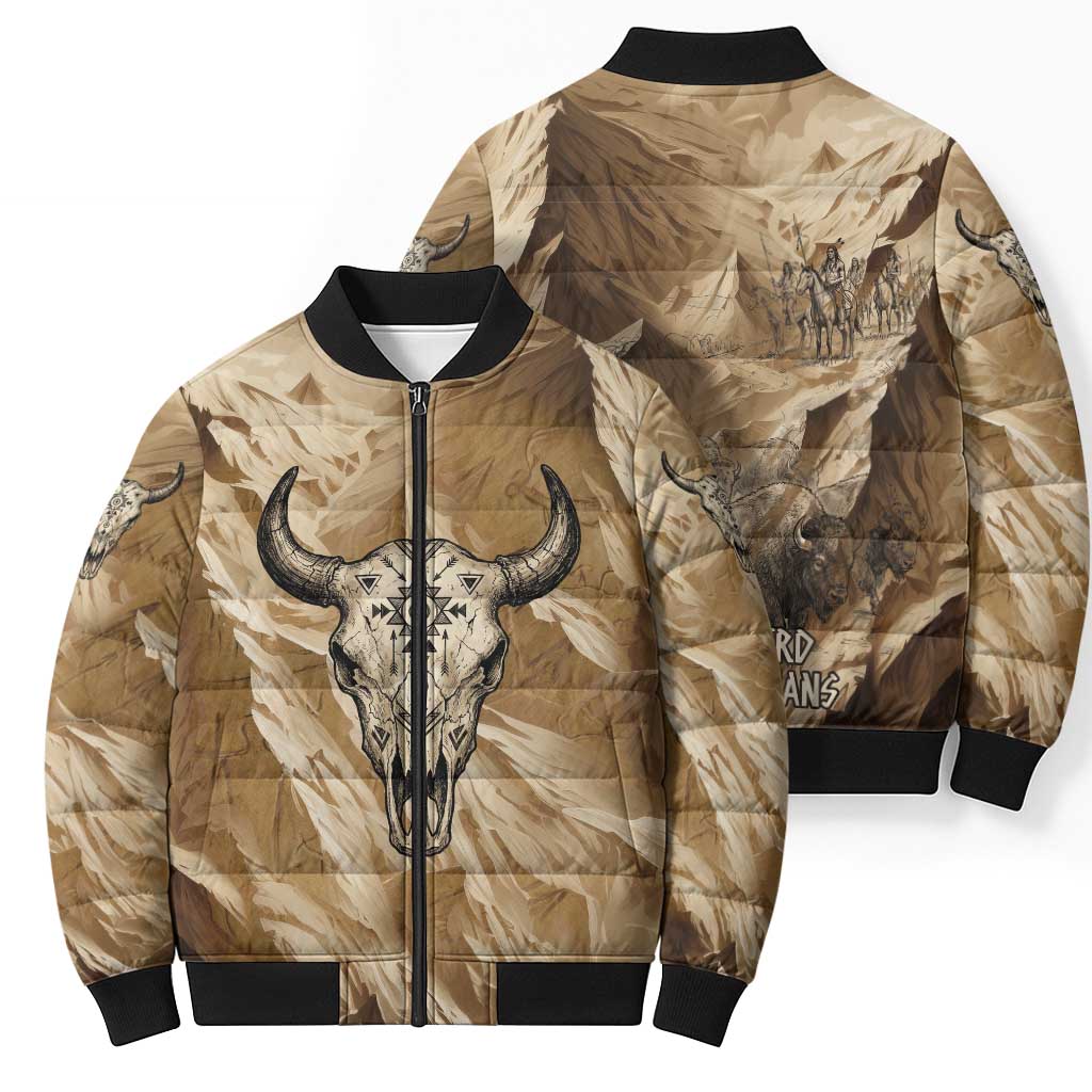 Buffalo Skull Native American Bomber Puffer Jacket Tribal Symbols and Mountain Scene Great Herd and Plains Guardians - Wonder Print Shop