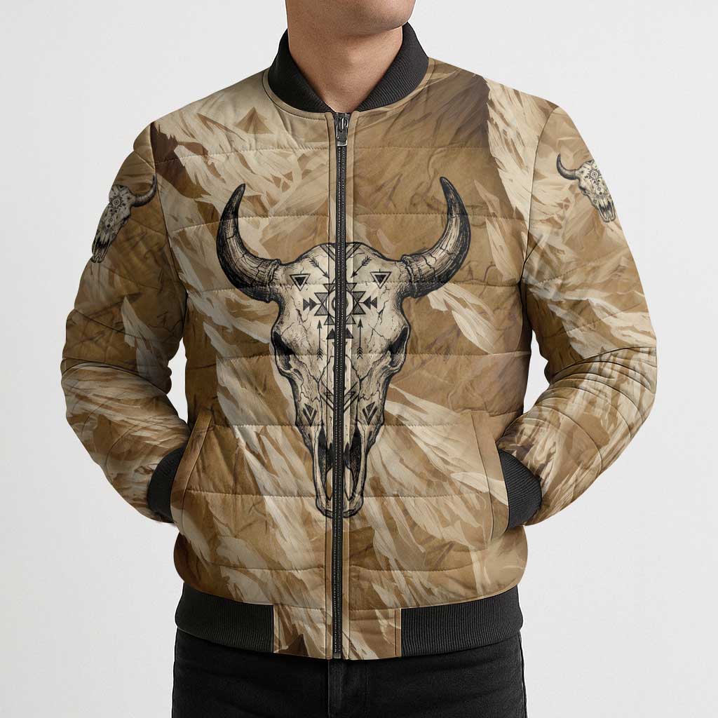 Buffalo Skull Native American Bomber Puffer Jacket Tribal Symbols and Mountain Scene Great Herd and Plains Guardians - Wonder Print Shop