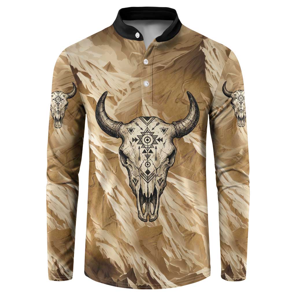 Buffalo Skull Native American Button Sweatshirt Tribal Symbols and Mountain Scene Great Herd and Plains Guardians - Wonder Print Shop