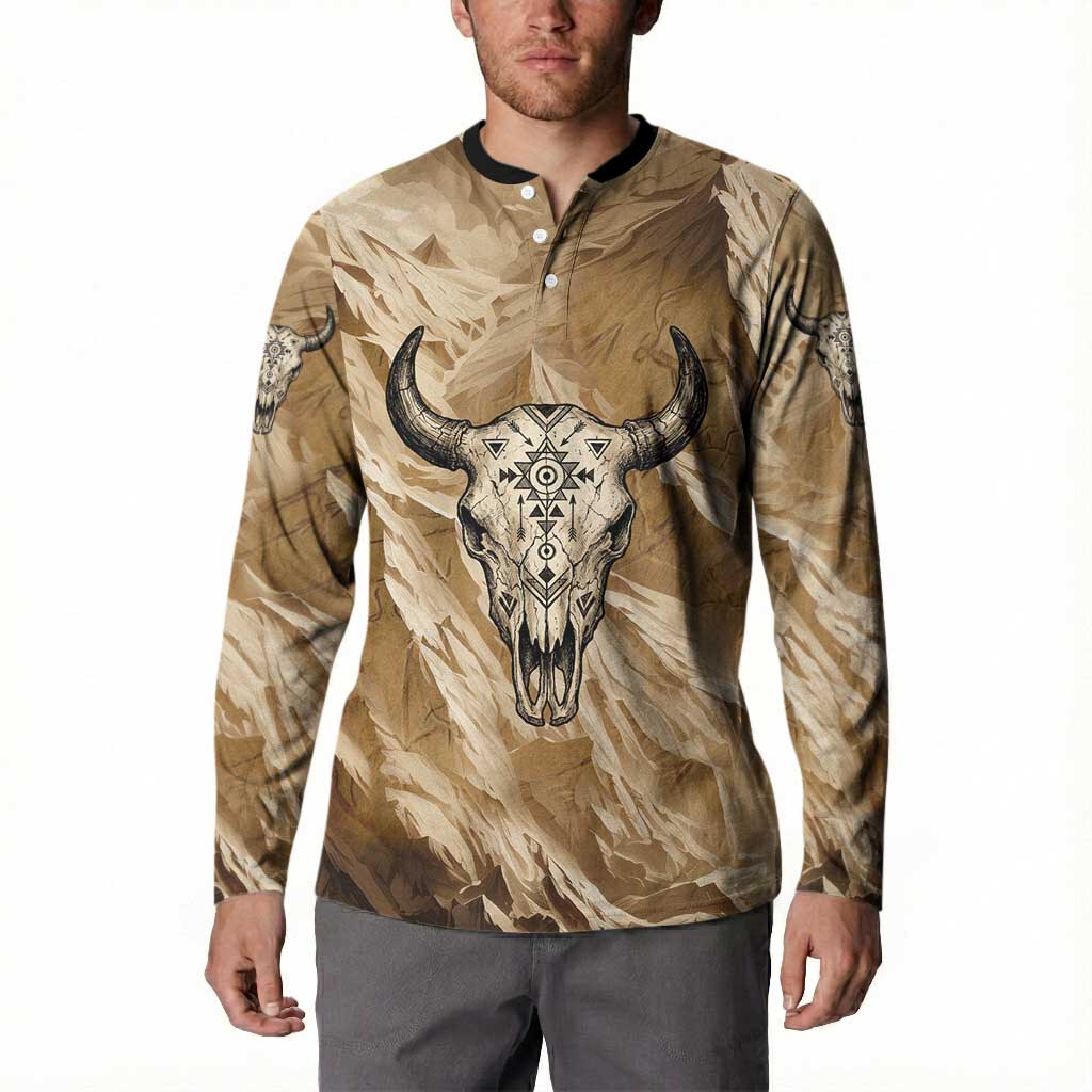Buffalo Skull Native American Button Sweatshirt Tribal Symbols and Mountain Scene Great Herd and Plains Guardians - Wonder Print Shop