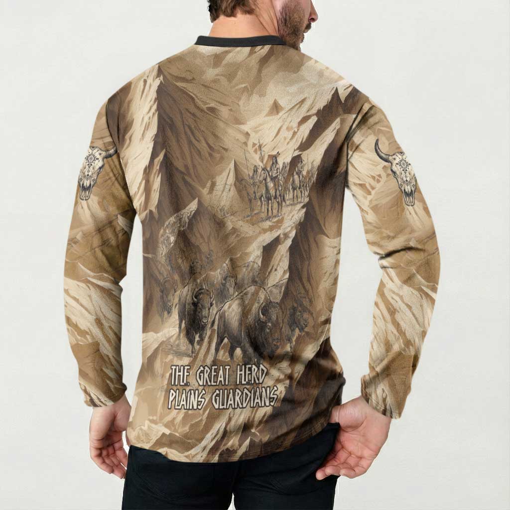 Buffalo Skull Native American Button Sweatshirt Tribal Symbols and Mountain Scene Great Herd and Plains Guardians - Wonder Print Shop