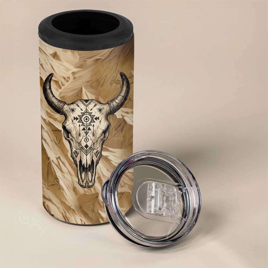 Buffalo Skull Native American 4 in 1 Can Cooler Tumbler Tribal Symbols and Mountain Scene Great Herd and Plains Guardians - Wonder Print Shop