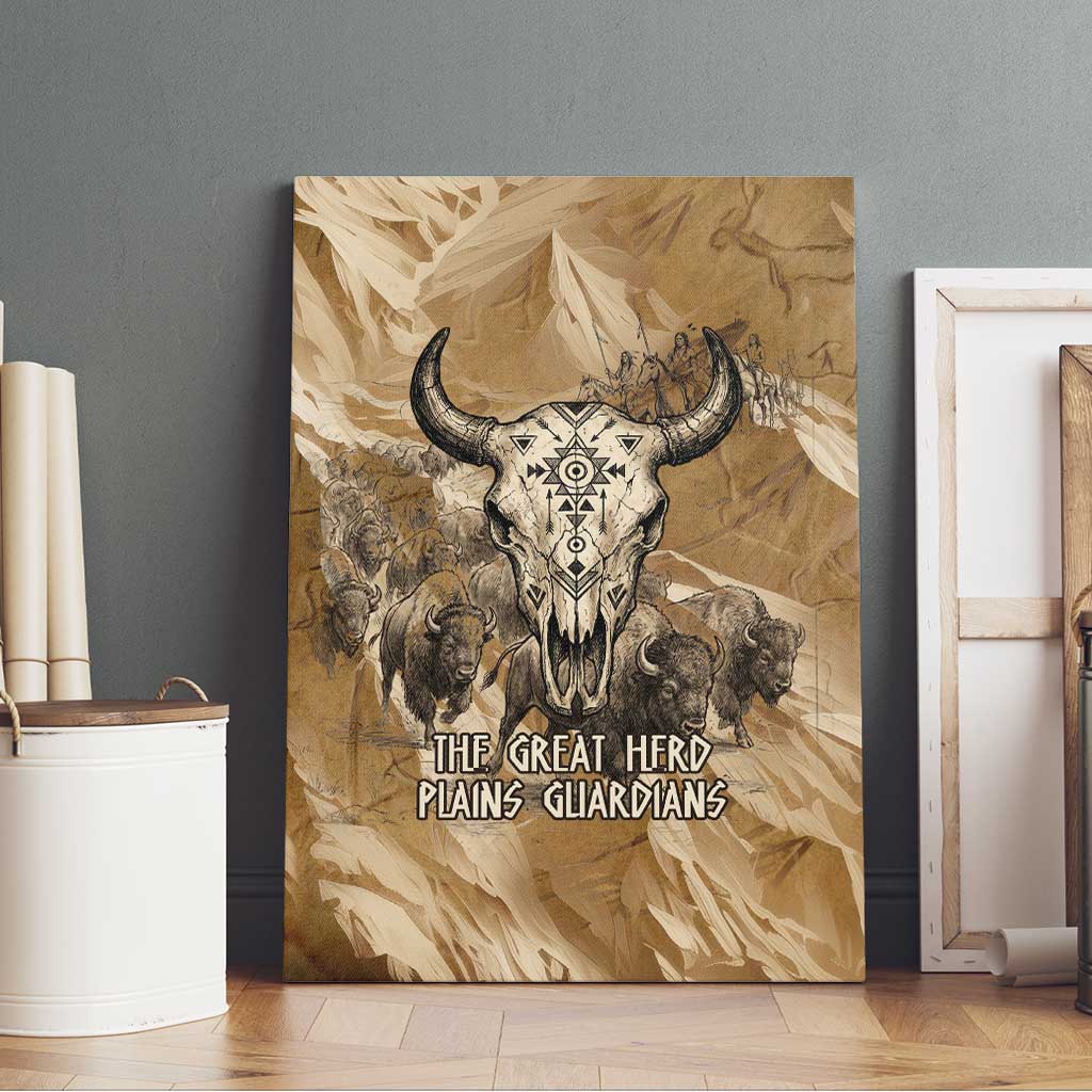 Buffalo Skull Native American Canvas Wall Art Tribal Symbols and Mountain Scene Great Herd and Plains Guardians - Wonder Print Shop