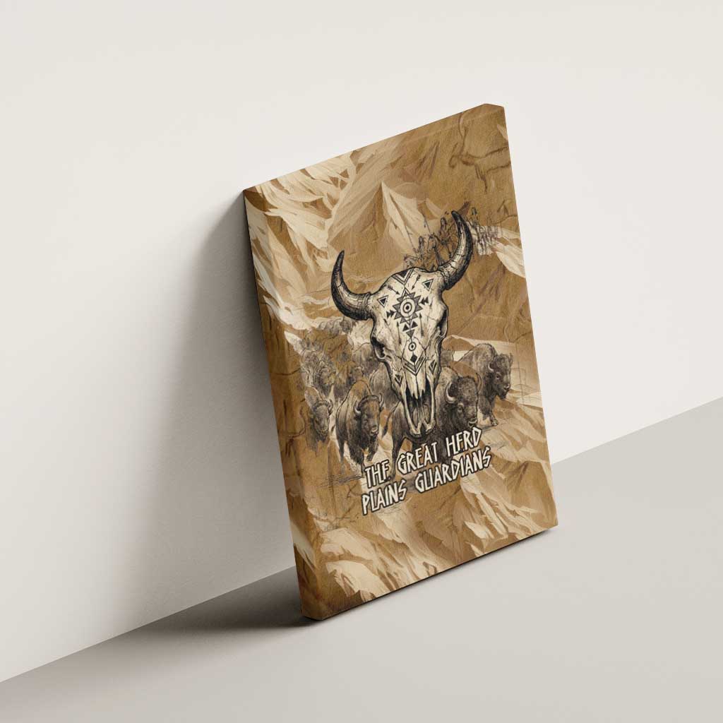 Buffalo Skull Native American Canvas Wall Art Tribal Symbols and Mountain Scene Great Herd and Plains Guardians - Wonder Print Shop