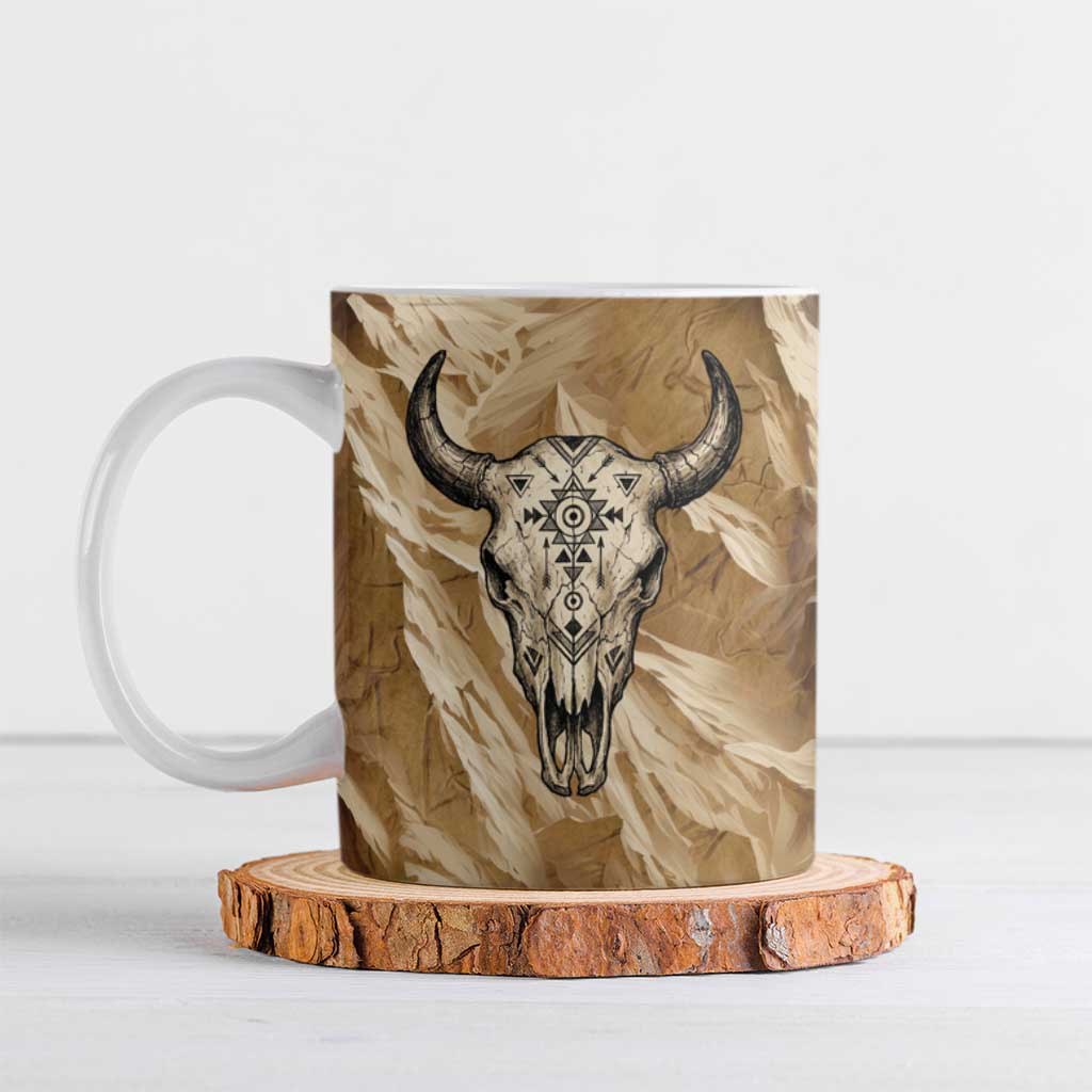 Buffalo Skull Native American Ceramic Mug Tribal Symbols and Mountain Scene Great Herd and Plains Guardians - Wonder Print Shop