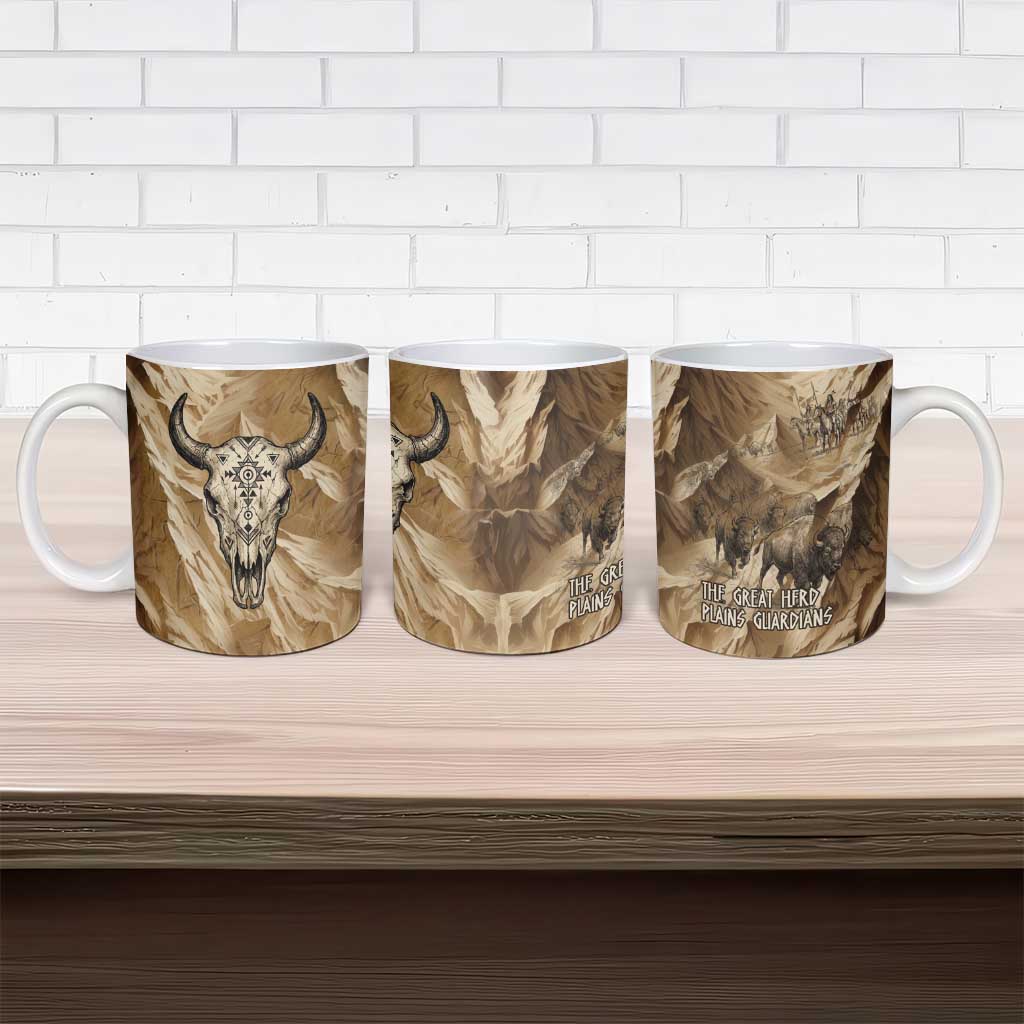 Buffalo Skull Native American Ceramic Mug Tribal Symbols and Mountain Scene Great Herd and Plains Guardians - Wonder Print Shop