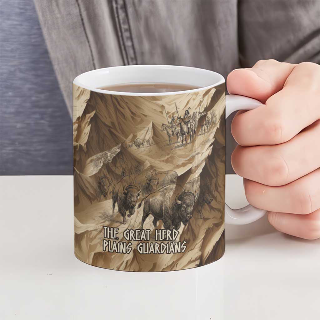 Buffalo Skull Native American Ceramic Mug Tribal Symbols and Mountain Scene Great Herd and Plains Guardians - Wonder Print Shop