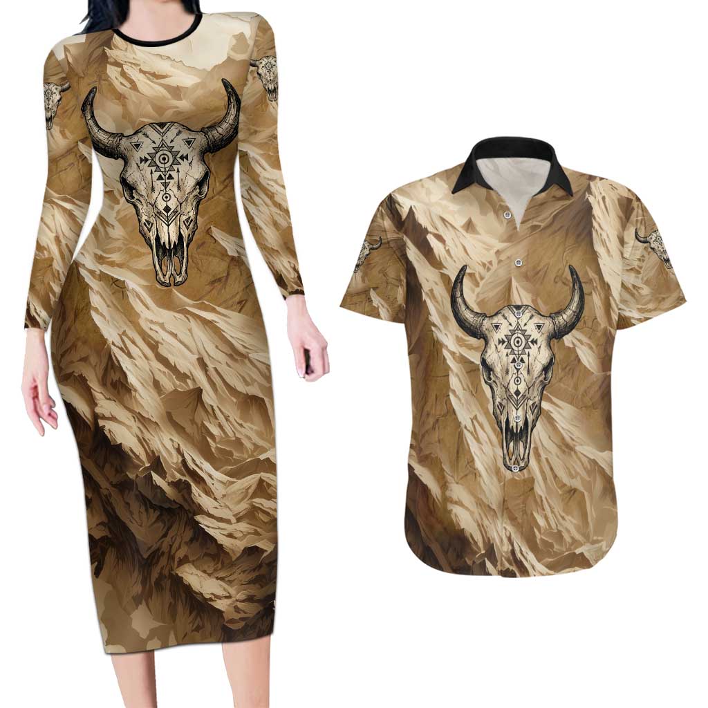 Buffalo Skull Native American Couples Matching Long Sleeve Bodycon Dress and Hawaiian Shirt Tribal Symbols and Mountain Scene Great Herd and Plains Guardians - Wonder Print Shop
