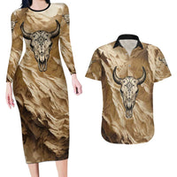 Buffalo Skull Native American Couples Matching Long Sleeve Bodycon Dress and Hawaiian Shirt Tribal Symbols and Mountain Scene Great Herd and Plains Guardians - Wonder Print Shop