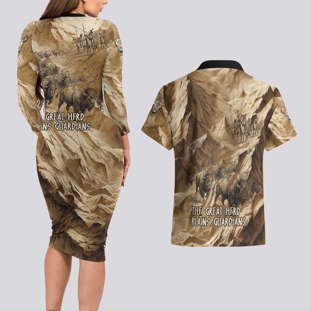 Buffalo Skull Native American Couples Matching Long Sleeve Bodycon Dress and Hawaiian Shirt Tribal Symbols and Mountain Scene Great Herd and Plains Guardians - Wonder Print Shop