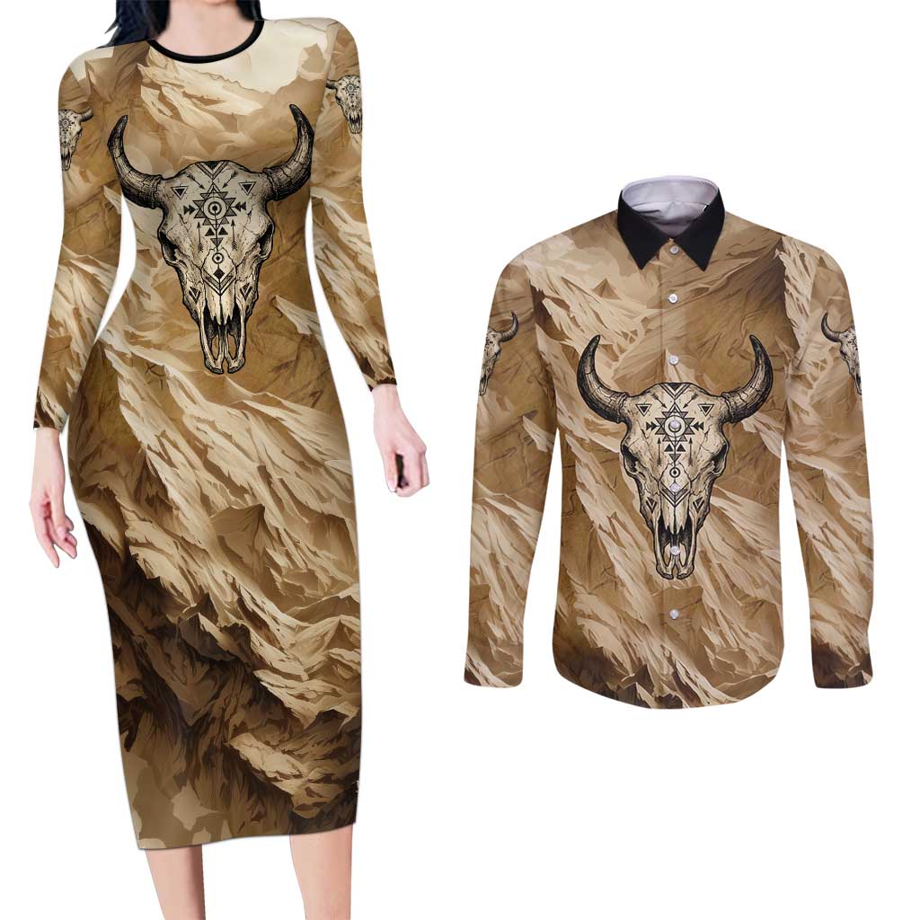 Buffalo Skull Native American Couples Matching Long Sleeve Bodycon Dress and Long Sleeve Button Shirt Tribal Symbols and Mountain Scene Great Herd and Plains Guardians - Wonder Print Shop