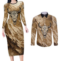 Buffalo Skull Native American Couples Matching Long Sleeve Bodycon Dress and Long Sleeve Button Shirt Tribal Symbols and Mountain Scene Great Herd and Plains Guardians - Wonder Print Shop