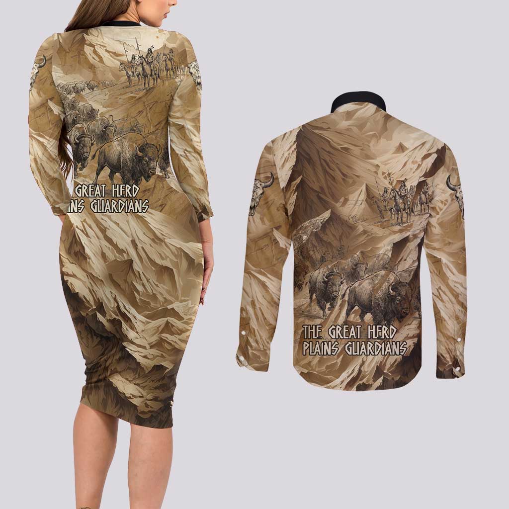 Buffalo Skull Native American Couples Matching Long Sleeve Bodycon Dress and Long Sleeve Button Shirt Tribal Symbols and Mountain Scene Great Herd and Plains Guardians - Wonder Print Shop