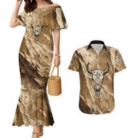 Buffalo Skull Native American Couples Matching Mermaid Dress and Hawaiian Shirt Tribal Symbols and Mountain Scene Great Herd and Plains Guardians - Wonder Print Shop