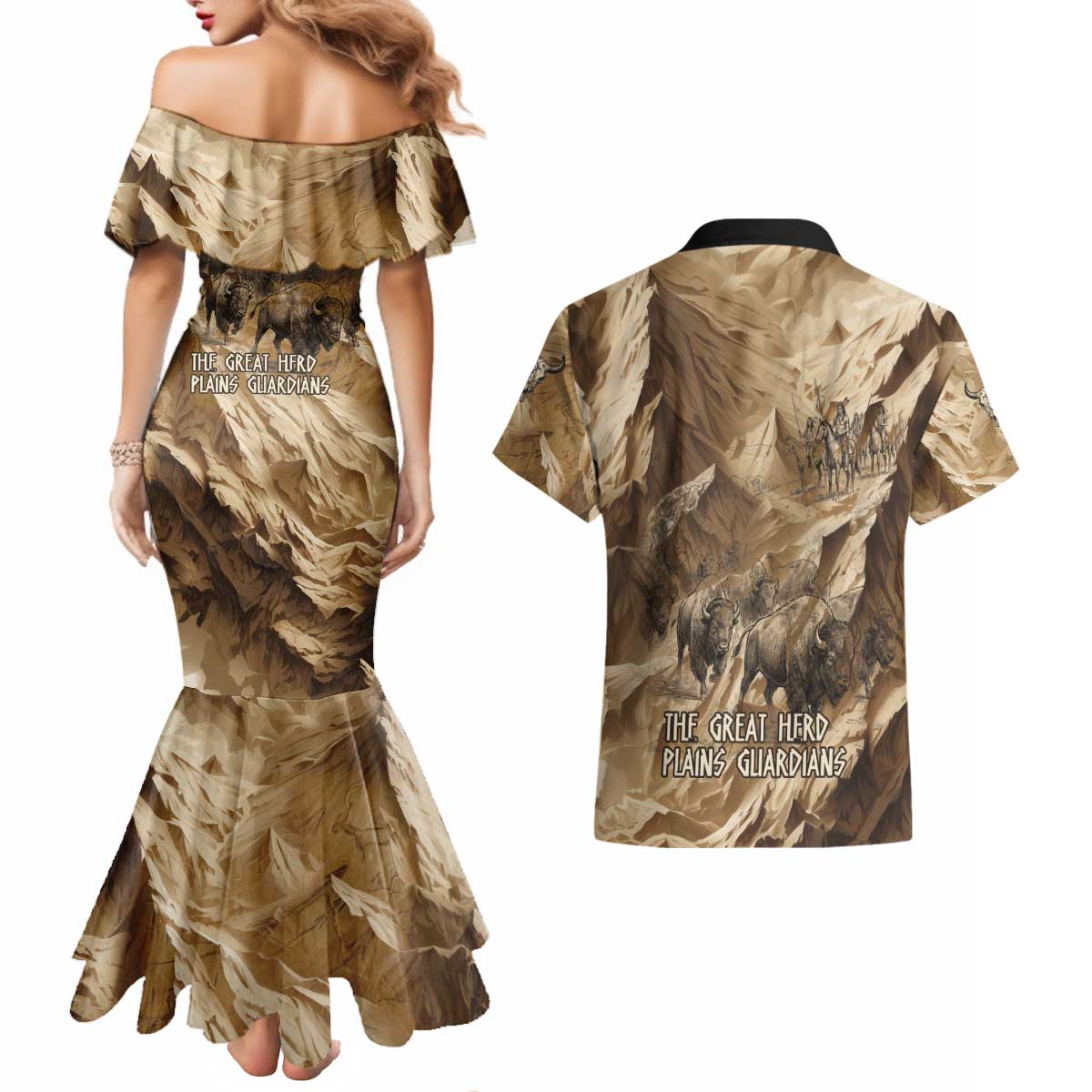 Buffalo Skull Native American Couples Matching Mermaid Dress and Hawaiian Shirt Tribal Symbols and Mountain Scene Great Herd and Plains Guardians - Wonder Print Shop