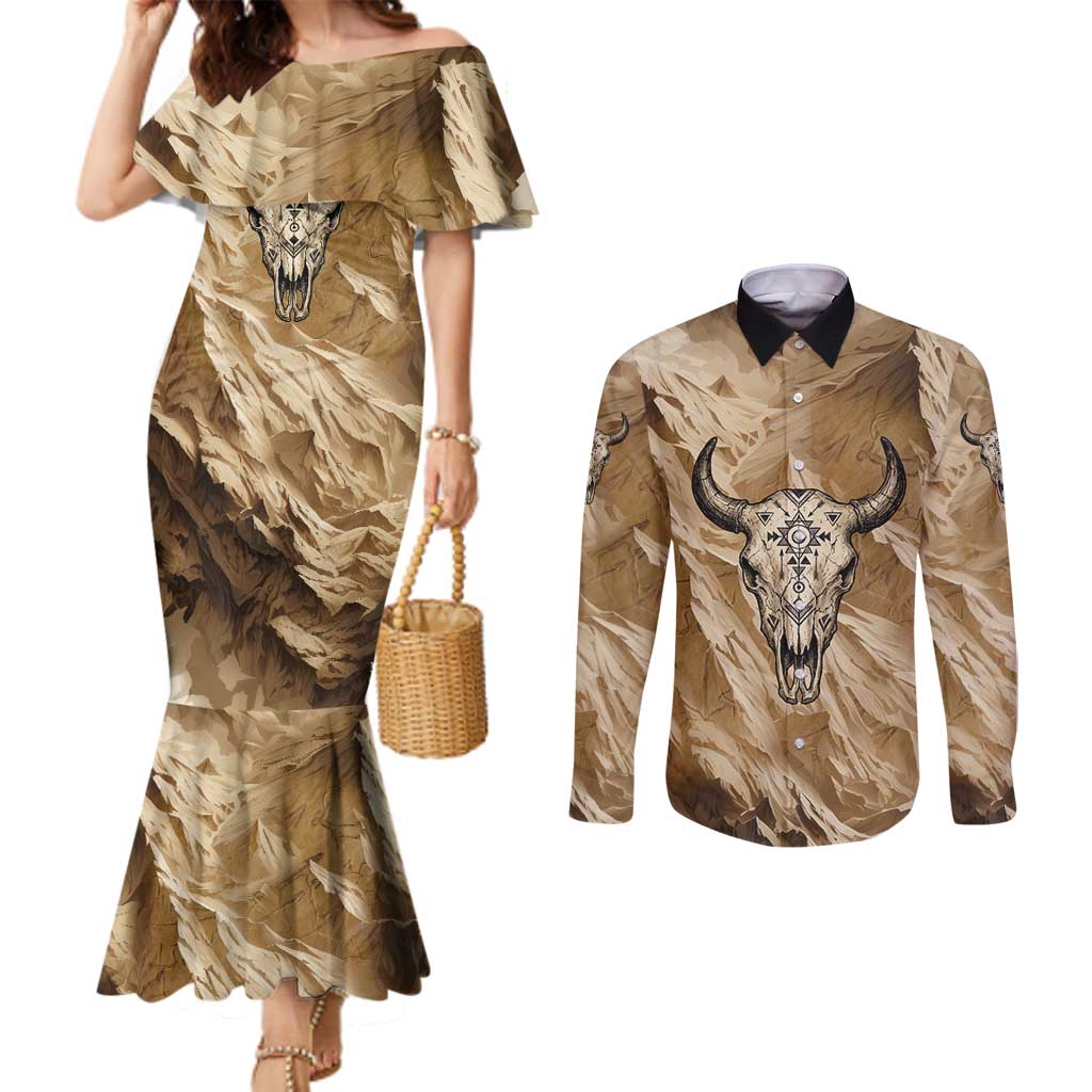 Buffalo Skull Native American Couples Matching Mermaid Dress and Long Sleeve Button Shirt Tribal Symbols and Mountain Scene Great Herd and Plains Guardians - Wonder Print Shop