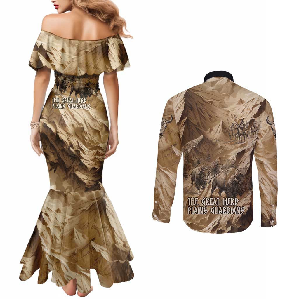Buffalo Skull Native American Couples Matching Mermaid Dress and Long Sleeve Button Shirt Tribal Symbols and Mountain Scene Great Herd and Plains Guardians - Wonder Print Shop