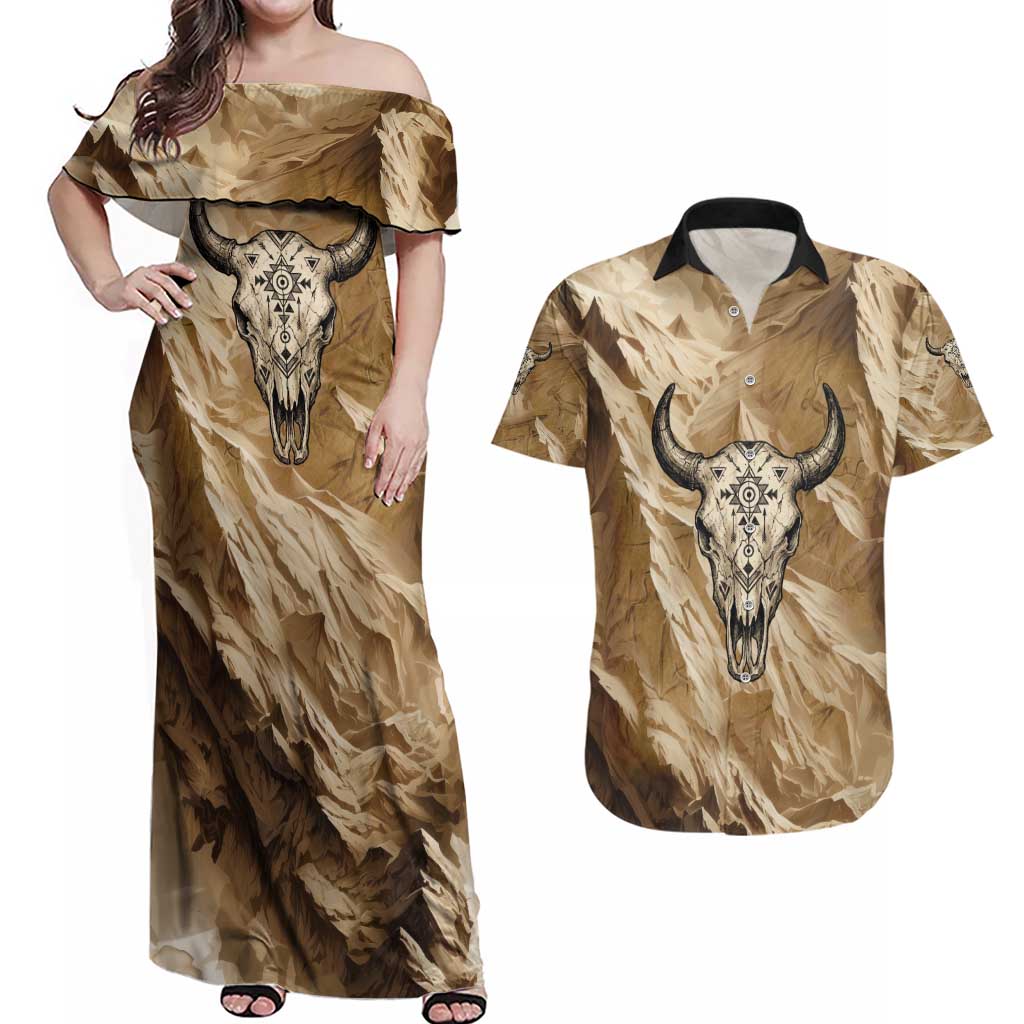 Buffalo Skull Native American Couples Matching Off Shoulder Maxi Dress and Hawaiian Shirt Tribal Symbols and Mountain Scene Great Herd and Plains Guardians - Wonder Print Shop