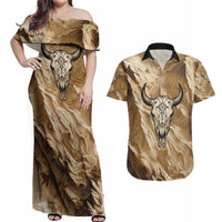 Buffalo Skull Native American Couples Matching Off Shoulder Maxi Dress and Hawaiian Shirt Tribal Symbols and Mountain Scene Great Herd and Plains Guardians - Wonder Print Shop