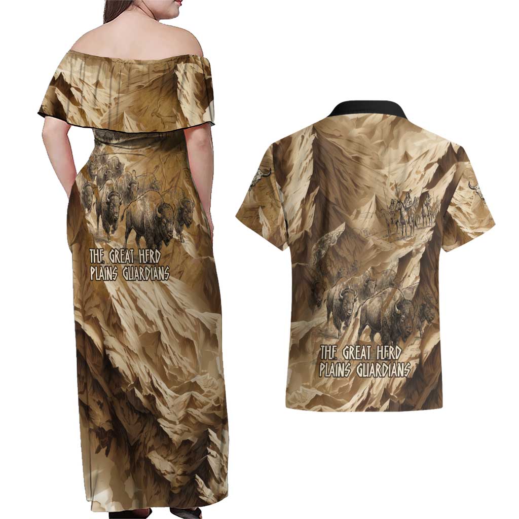 Buffalo Skull Native American Couples Matching Off Shoulder Maxi Dress and Hawaiian Shirt Tribal Symbols and Mountain Scene Great Herd and Plains Guardians - Wonder Print Shop