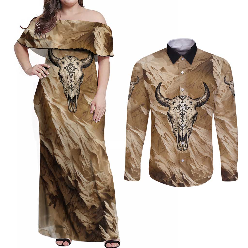 Buffalo Skull Native American Couples Matching Off Shoulder Maxi Dress and Long Sleeve Button Shirt Tribal Symbols and Mountain Scene Great Herd and Plains Guardians - Wonder Print Shop