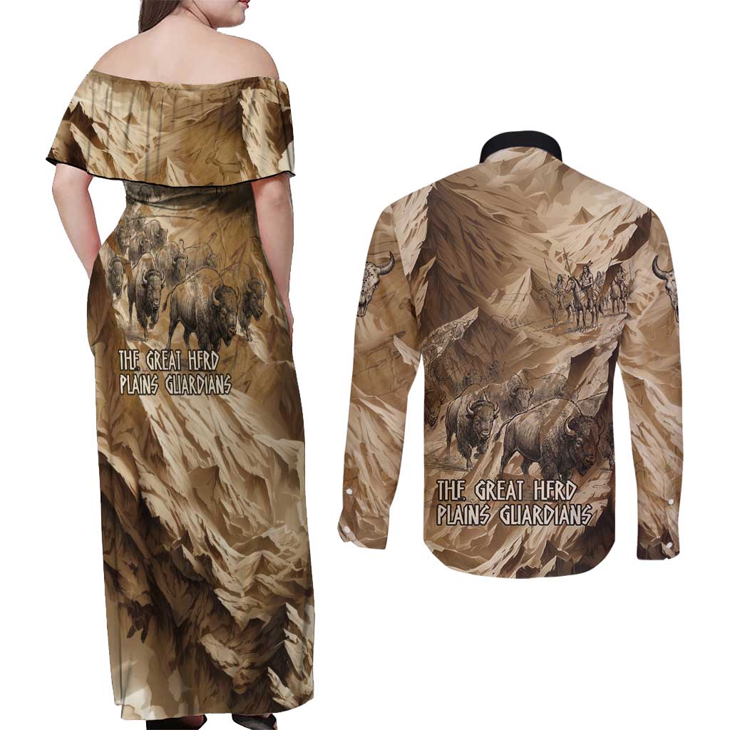 Buffalo Skull Native American Couples Matching Off Shoulder Maxi Dress and Long Sleeve Button Shirt Tribal Symbols and Mountain Scene Great Herd and Plains Guardians - Wonder Print Shop