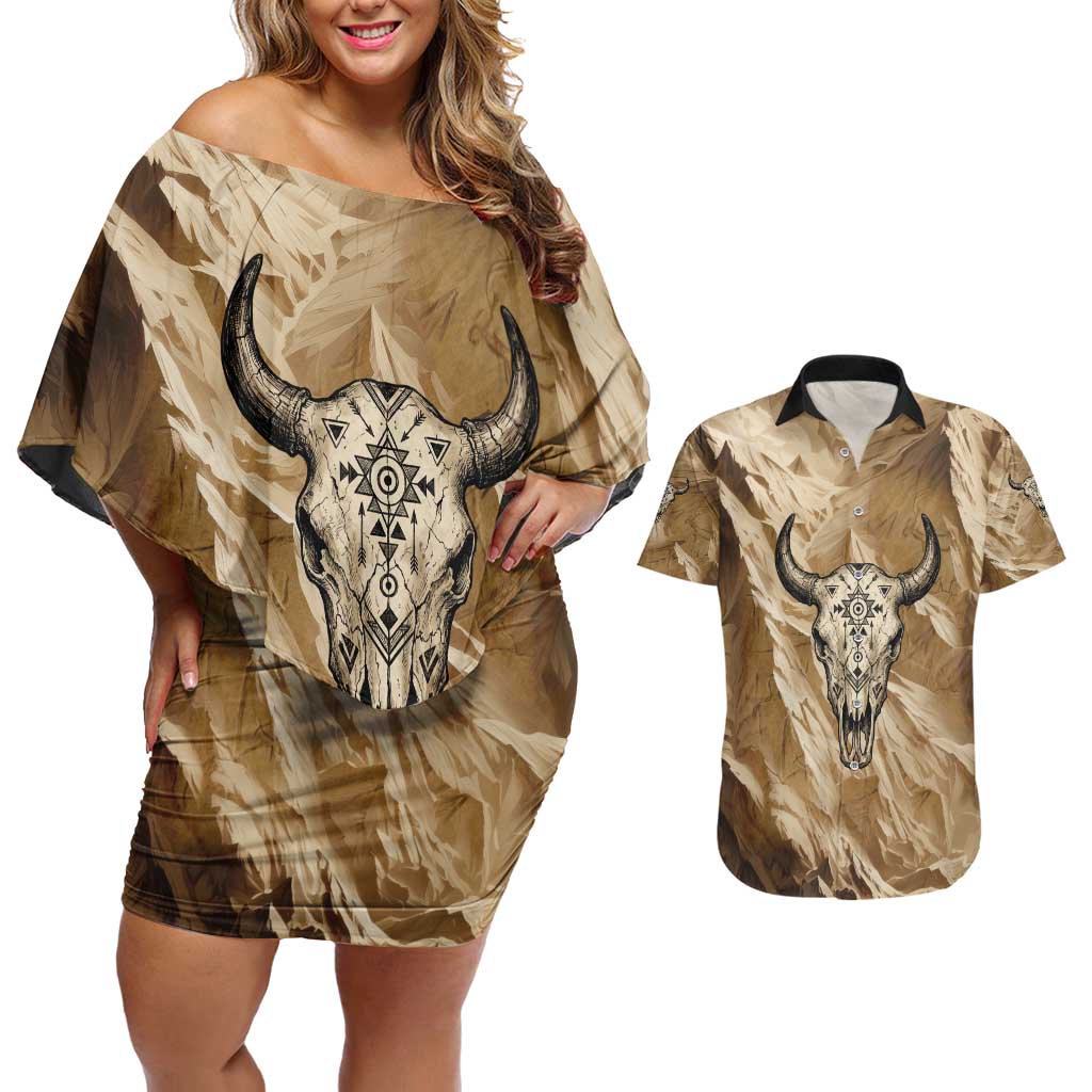 Buffalo Skull Native American Couples Matching Off Shoulder Short Dress and Hawaiian Shirt Tribal Symbols and Mountain Scene Great Herd and Plains Guardians - Wonder Print Shop