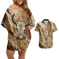 Buffalo Skull Native American Couples Matching Off Shoulder Short Dress and Hawaiian Shirt Tribal Symbols and Mountain Scene Great Herd and Plains Guardians - Wonder Print Shop