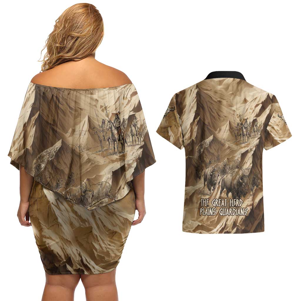 Buffalo Skull Native American Couples Matching Off Shoulder Short Dress and Hawaiian Shirt Tribal Symbols and Mountain Scene Great Herd and Plains Guardians - Wonder Print Shop