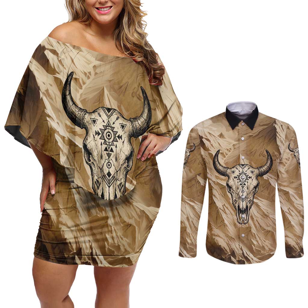 Buffalo Skull Native American Couples Matching Off Shoulder Short Dress and Long Sleeve Button Shirt Tribal Symbols and Mountain Scene Great Herd and Plains Guardians - Wonder Print Shop