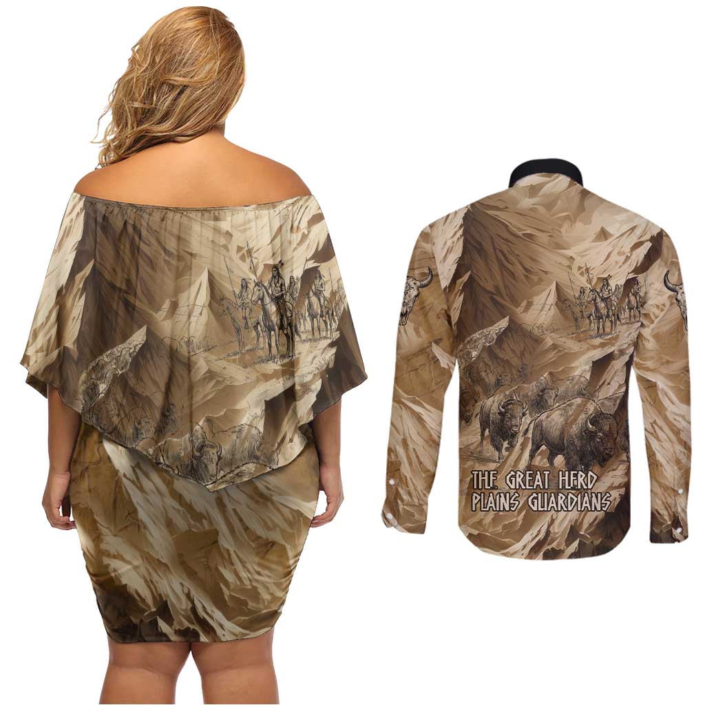 Buffalo Skull Native American Couples Matching Off Shoulder Short Dress and Long Sleeve Button Shirt Tribal Symbols and Mountain Scene Great Herd and Plains Guardians - Wonder Print Shop