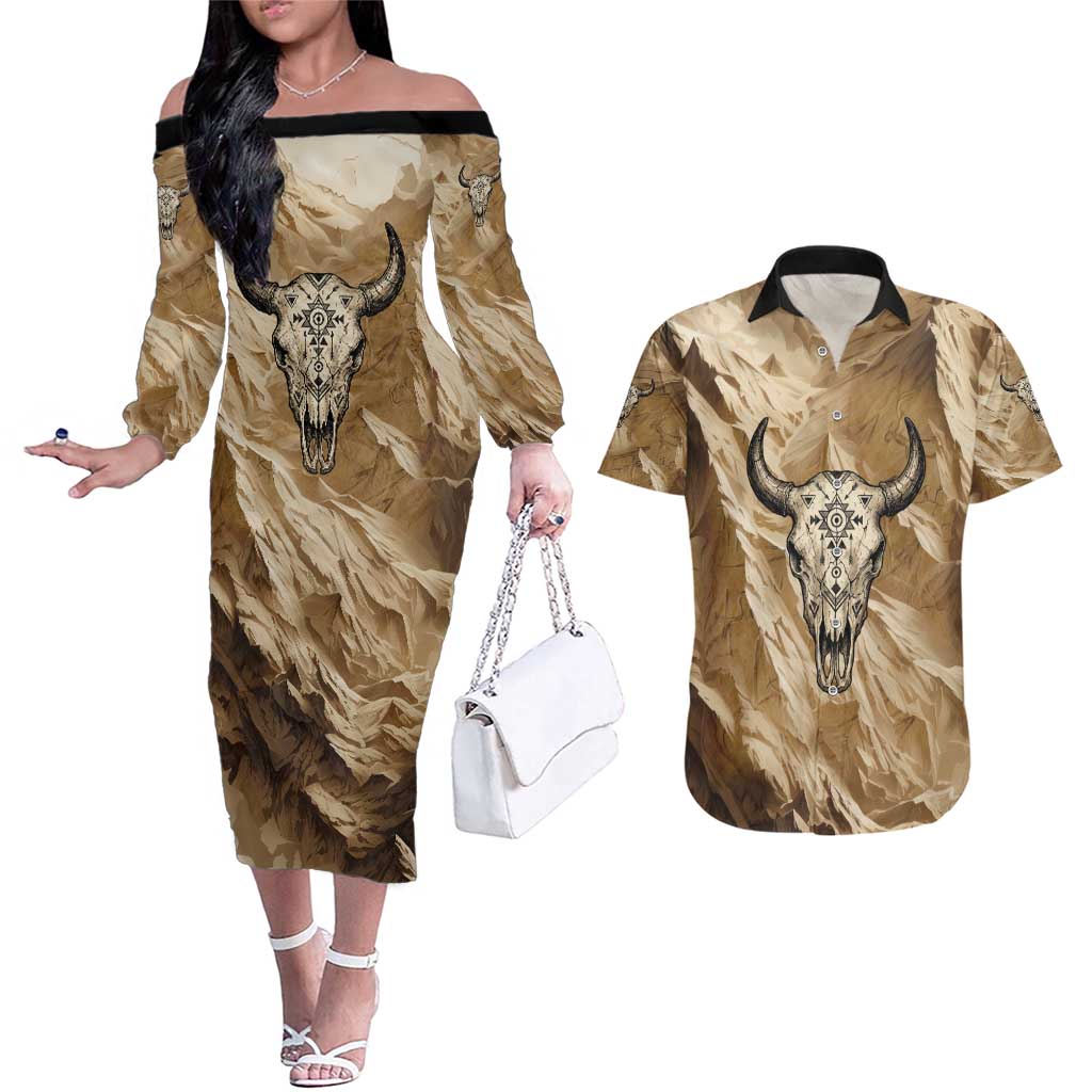 Buffalo Skull Native American Couples Matching Off The Shoulder Long Sleeve Dress and Hawaiian Shirt Tribal Symbols and Mountain Scene Great Herd and Plains Guardians - Wonder Print Shop