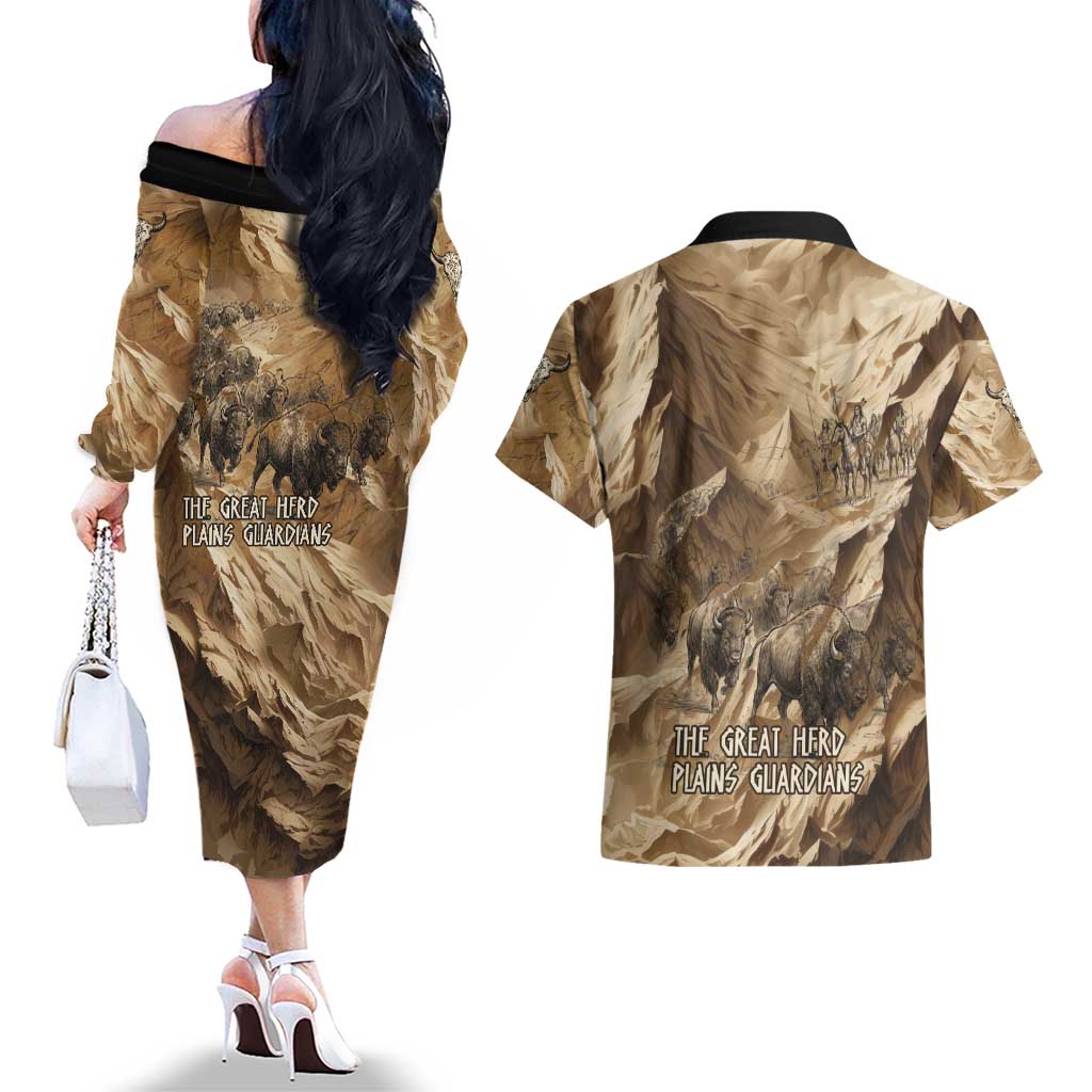 Buffalo Skull Native American Couples Matching Off The Shoulder Long Sleeve Dress and Hawaiian Shirt Tribal Symbols and Mountain Scene Great Herd and Plains Guardians - Wonder Print Shop