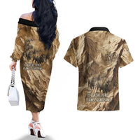 Buffalo Skull Native American Couples Matching Off The Shoulder Long Sleeve Dress and Hawaiian Shirt Tribal Symbols and Mountain Scene Great Herd and Plains Guardians - Wonder Print Shop