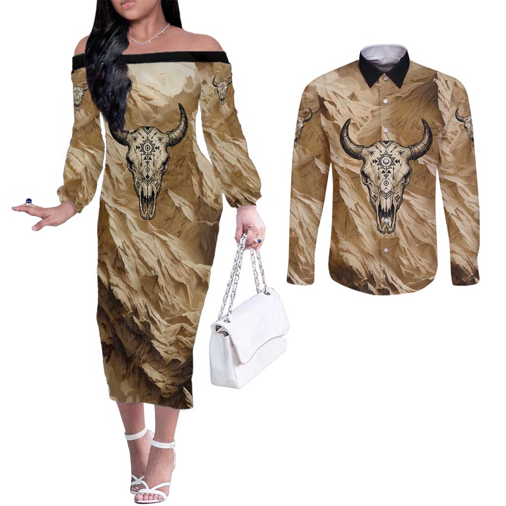 Buffalo Skull Native American Couples Matching Off The Shoulder Long Sleeve Dress and Long Sleeve Button Shirt Tribal Symbols and Mountain Scene Great Herd and Plains Guardians - Wonder Print Shop