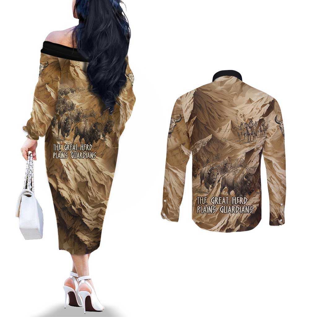 Buffalo Skull Native American Couples Matching Off The Shoulder Long Sleeve Dress and Long Sleeve Button Shirt Tribal Symbols and Mountain Scene Great Herd and Plains Guardians - Wonder Print Shop