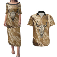 Buffalo Skull Native American Couples Matching Puletasi and Hawaiian Shirt Tribal Symbols and Mountain Scene Great Herd and Plains Guardians - Wonder Print Shop