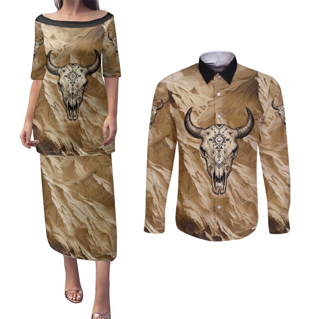 Buffalo Skull Native American Couples Matching Puletasi and Long Sleeve Button Shirt Tribal Symbols and Mountain Scene Great Herd and Plains Guardians - Wonder Print Shop